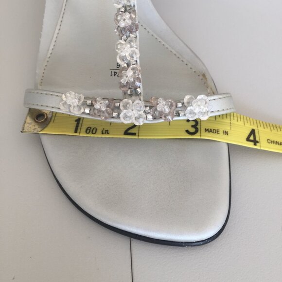 Vintage 90's Silver Satin Beaded T-strap Slides Heels sz 7.5 - Picture 9 of 13